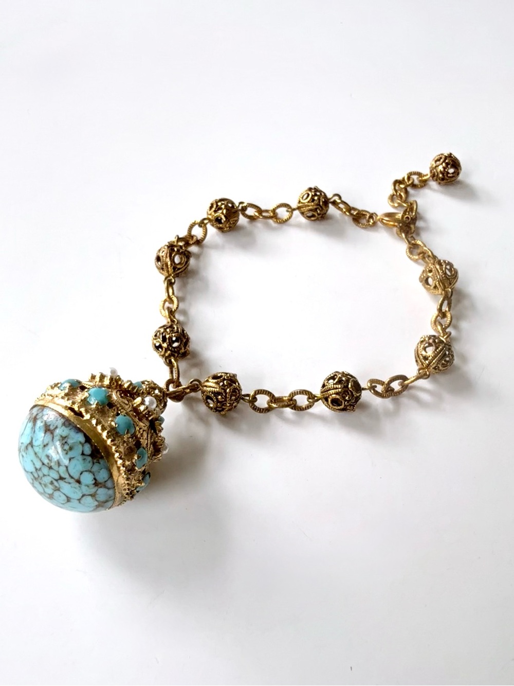 Vintage Chanel 1950s - 1960s Turquoise Glass Fob Bracelet Filigree Bead Chain